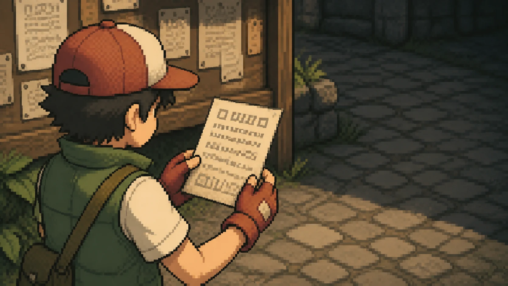 Sachez examine un étrange prospectus près du panneau d'affichage du village